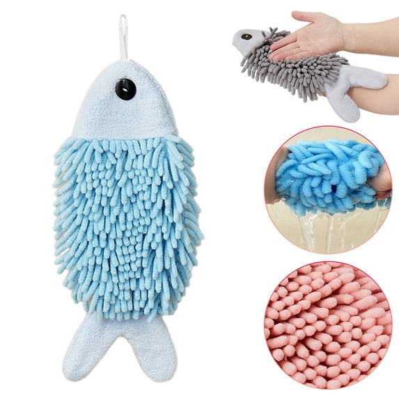 Chenille Hand Towels for Bathroom 、Kitchen and Bedroom |Hanging Hand Drying Towel with Button Loop | Funny Fish Hand Towel