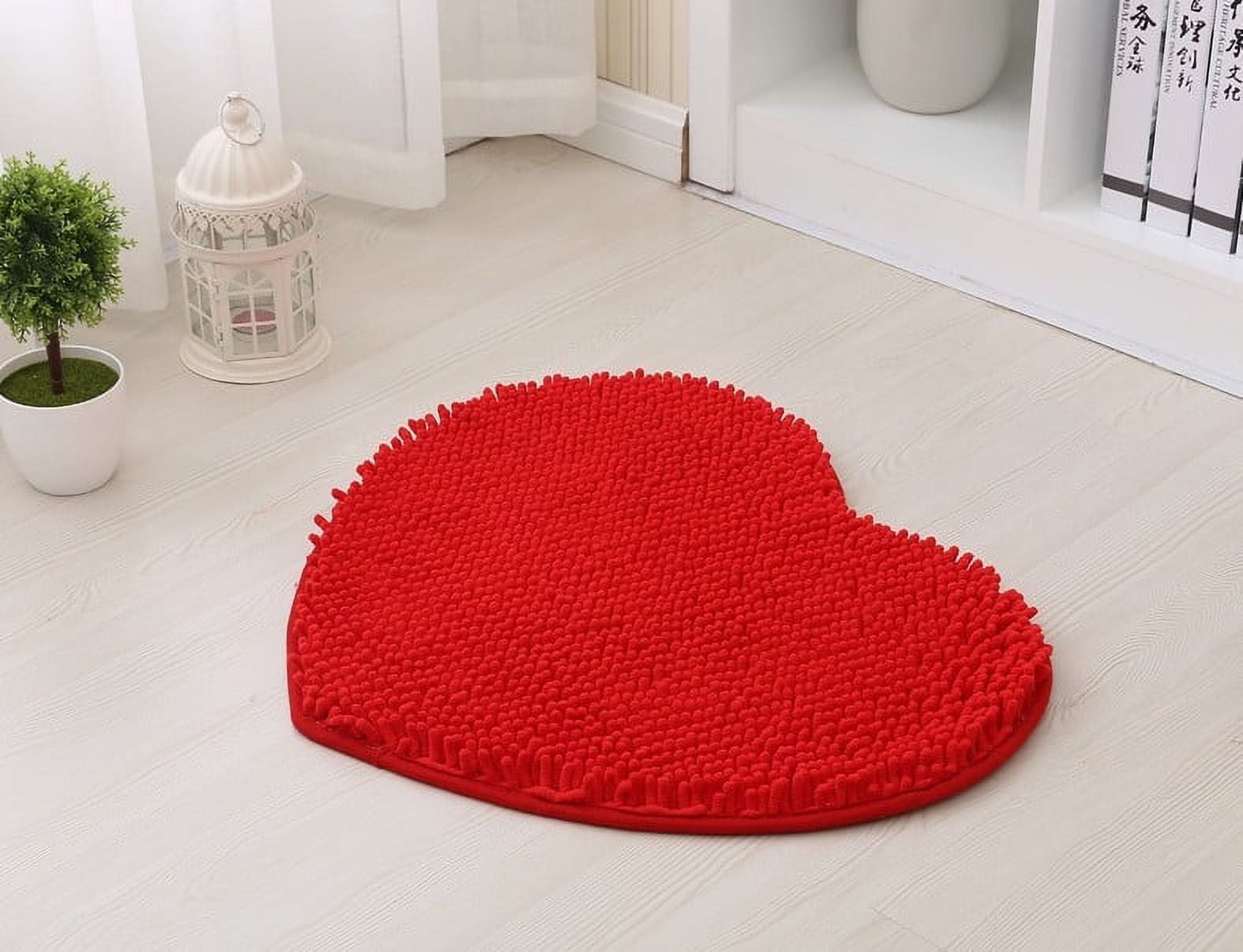 Chenille Heart Shaped Door Mat Bathroom Toilet Living Room Red