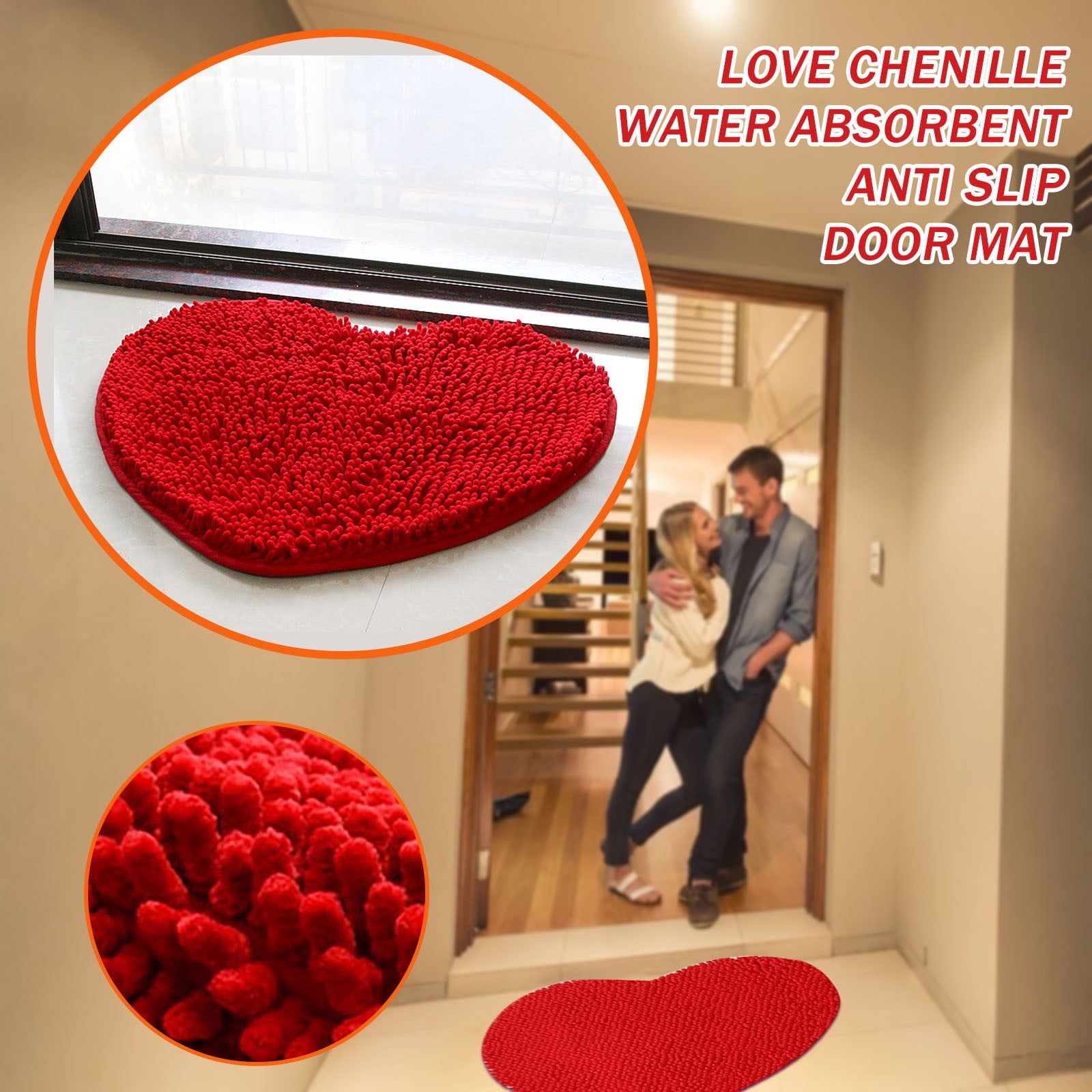 Chenille Heart Shaped Door Mat Bathroom Toilet Living Room Red