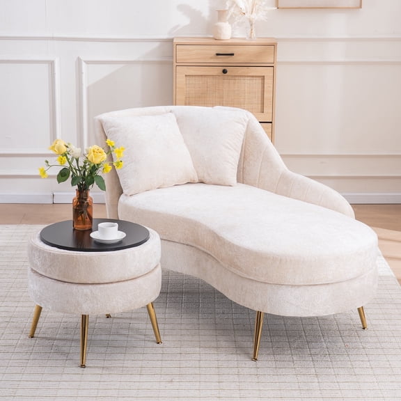 Chenille Indoor Chaise Lounge, Upholstered Combination Furniture Single Sofa Chair, Living Room Bedroom Office Sofa Chair With Ottoman Storage，beige