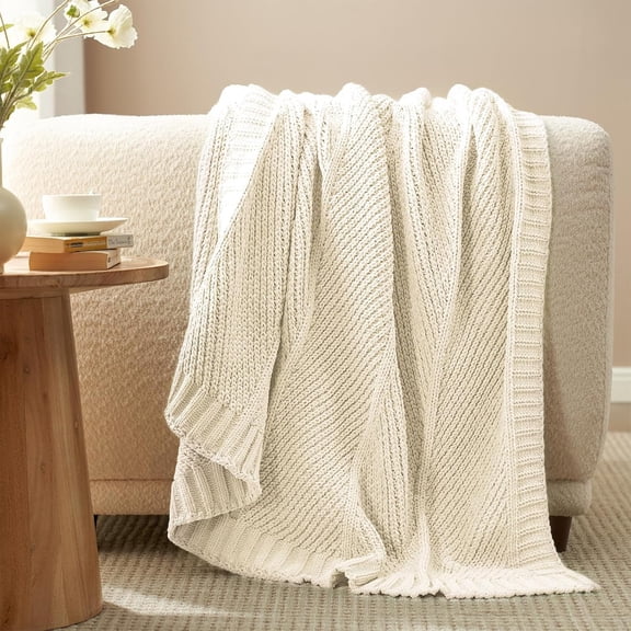 Chenille Knit Throw Blanket with Chevron Pattern Ivory 50"x60"