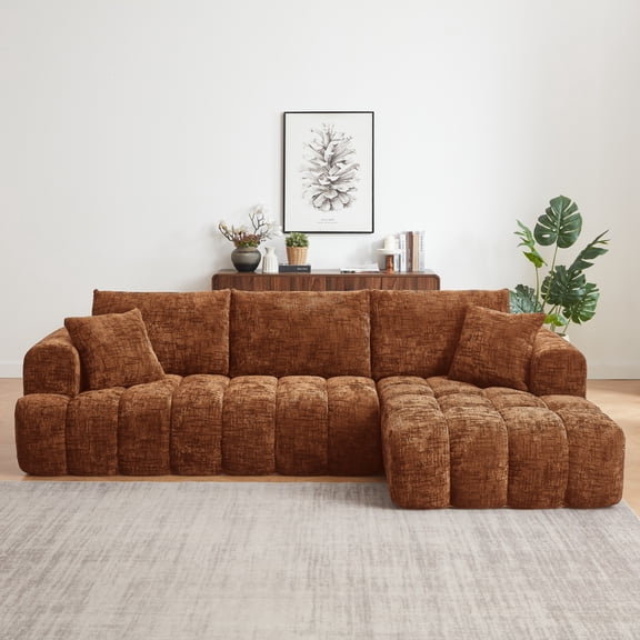 Chenille L-Shape Luxury Sectional Oversized Sofa, Mnimalist Design, Comfy Sleeper Couch for Living Room, Apartment&Reception Spaces, No Assembly Required (Orange)