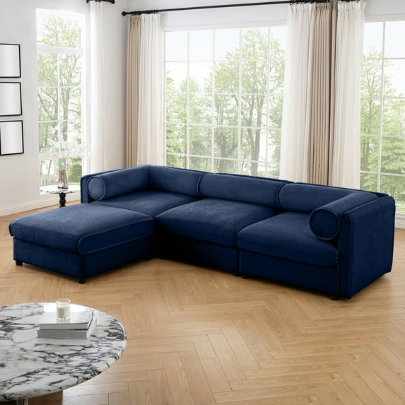 Chenille L-Shaped Sectional Sofa Upholstered 3-Seater Contemporary Couch with Storage Ottoman, Cylindrical Backrest and Hidden Storage