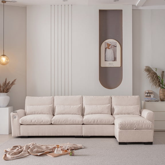 Chenille L-Shaped Sofa with Hidden Storage Ottoman / Enjoyable Living Room Time with Charging