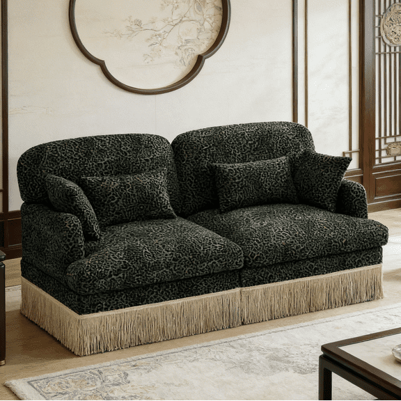 Chenille Leopard Print Loveseat Sofa with Tassel Edge - Modern Modular Sectional Couch, Ergonomic Deep Seat Design, Easy Assembly for Living Room, Green Black