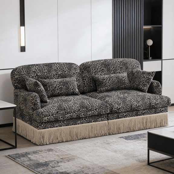 Chenille Leopard Print Loveseat Sofa with Tassel Edge - Modern Modular Sectional Couch, Ergonomic Deep Seat Design, Easy Assembly for Living Room, Khaki Black