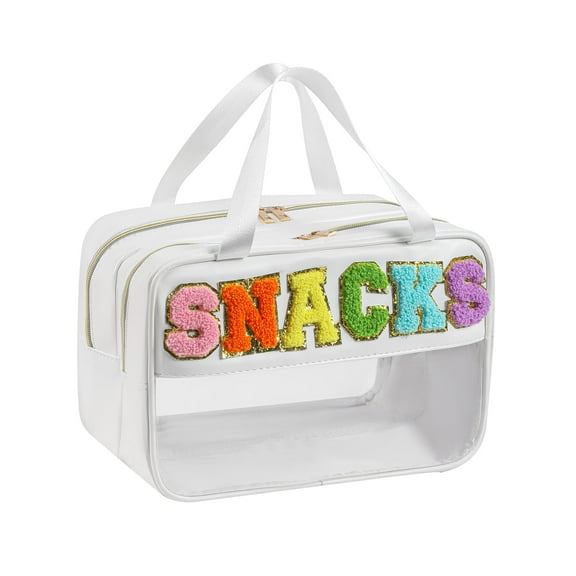 Chenille Letter Bag, Clear Makeup Bag Portable Bag Makeup Cases Preppy Patch with Zipper Cosmetic Toiletry Storage Bag for Women Girls (White)