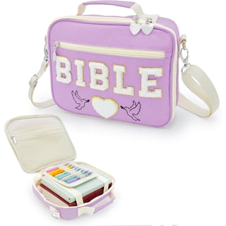 Chenille Letter Bible Case for Girls - Large Study and Church Bag Cover Purse Fits All Bibles - Cute Christian Carrying Tote with Shoulder Strap - Faith Accessories Gift for Teens and Women - Purple