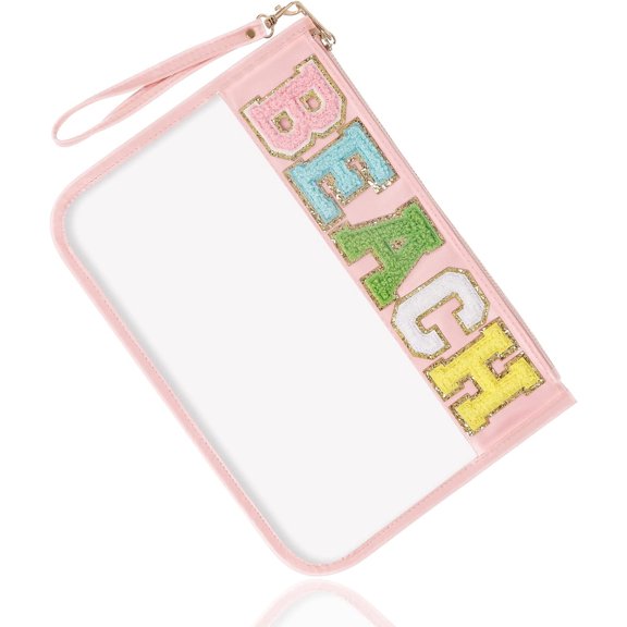 Chenille Letter Clear Bag Beach Purse, Monogram PVC & PU Zipper Pouch with Wristlet, Portable Glitter Snacks Makeup Toiletry Bag for Women Girls (BEACH-)