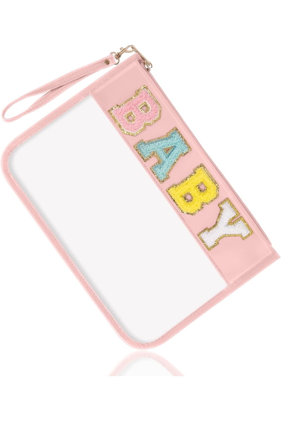 Chenille Letter Clear Bag  Purse Pouch, Monogram PVC & PU Clear Zipper Pouch with Wristlet,  Portable Glitter Snacks Makeup Beach Pouch Toiletry Bag for Women Girls (-)