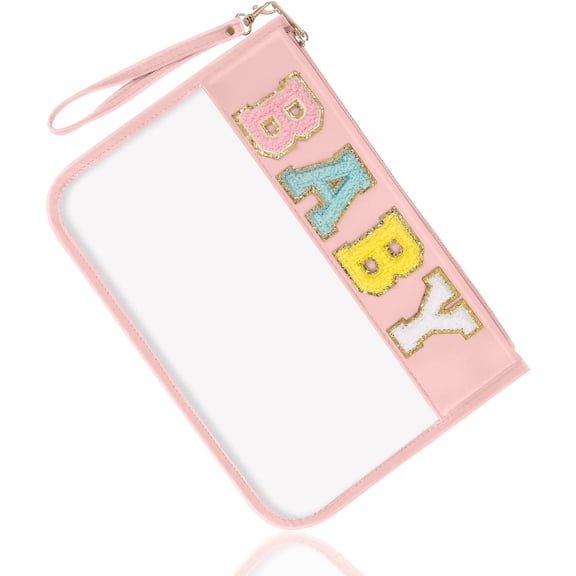 Chenille Letter Clear Bag Purse Pouch, Monogram PVC & PU Clear Zipper Pouch with Wristlet, Portable Glitter Snacks Makeup Beach Pouch Toiletry Bag for Women Girls (-)