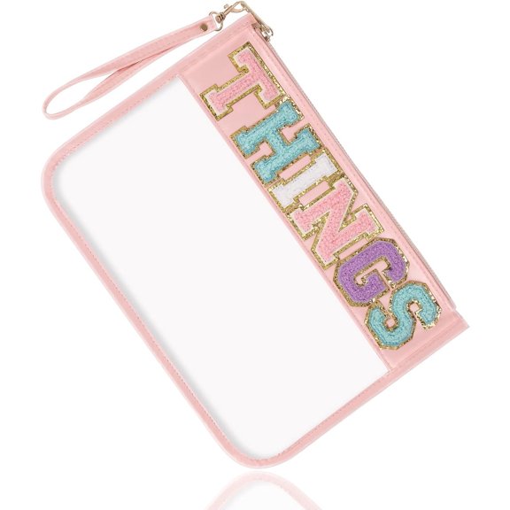 Chenille Letter Clear Bag Things Purse, Monogram PVC & PU Clear Zipper Pouch with Wristlet, Portable Glitter Snacks Makeup Beach Pouch Toiletry Bag for Women Girls (THINGS-)