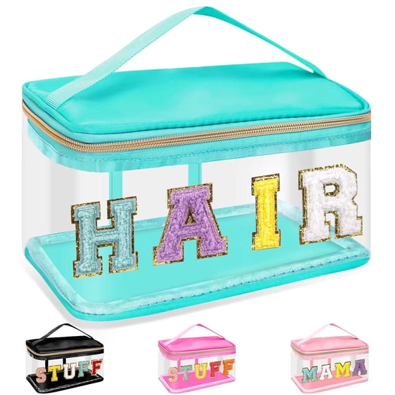 Chenille Letter Clear Makeup Bag "HAIR" Green Preppy Patch Cosmetic Pouch Transparent PVC & Nylon Waterproof Handbag with Handle Travel Toiletry Storage for Women & Girls