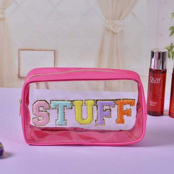 Chenille Letter Clear Makeup Bag Large Preppy Patch Stuff Cosmetic Bag with Zipper Nylon Travel Makeup Pouch Transparent PVC Waterproof Toiletry Organizer Storage for Women Girls