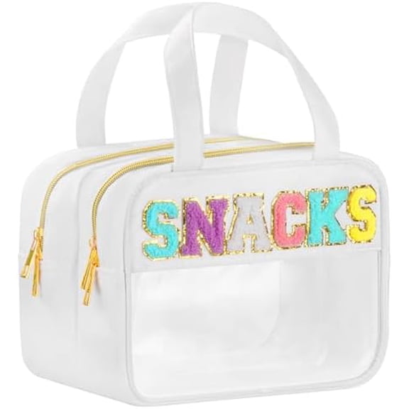 Chenille Letter Clear Makeup Bags Snacks Bag for Travel, Preppy Patch Nylon Cosmetic Pouch with Handles and Zipper, Waterproof Large Clear Travel Toiletry Purse Storage for Women White