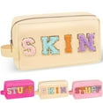 thumbnail image 1 of Chenille Letter Makeup Bag,Nylon Preppy Patch Zipper Pouch Purse with Handle,Waterproof Portable Glitter Travel Toiletry Bag for Women Girls(Skin-Beige), 1 of 6