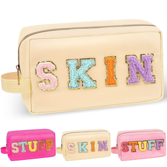 Chenille Letter Makeup Bag,Nylon Preppy Patch Zipper Pouch Purse with Handle,Waterproof Portable Glitter Travel Toiletry Bag for Women Girls(Skin-Beige)