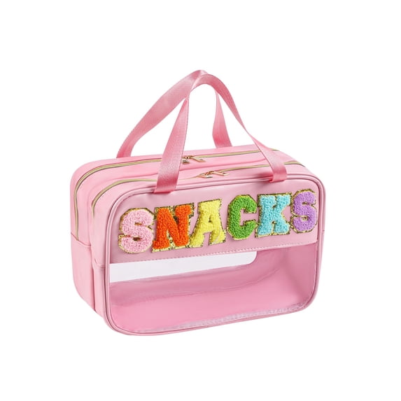 Chenille Letter Makeup Bag, Preppy Cosmetic Bag Clear Snack Bags with Zipper, Stuff Bag Waterproof Bag Travel Toiletry Bag Cosmetic Pouch for Women Girls (Pink)