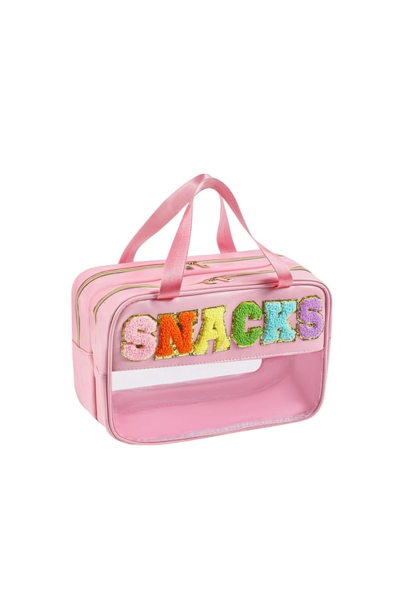 Chenille Letter Makeup Bag, Preppy Cosmetic Bag Clear Snack Bags with Zipper, Stuff Bag Waterproof Bag Travel Toiletry Bag Cosmetic Pouch for Women Girls (Pink)