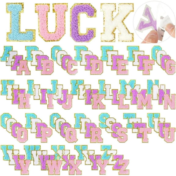 Chenille Letter Patches Kit - 104 Alphabet Stickers with Sewing Kits & 11 Cute Bows/Stars - No Sew Fabric Stickers for DIY Bags, Clothes, Hats, Gifts