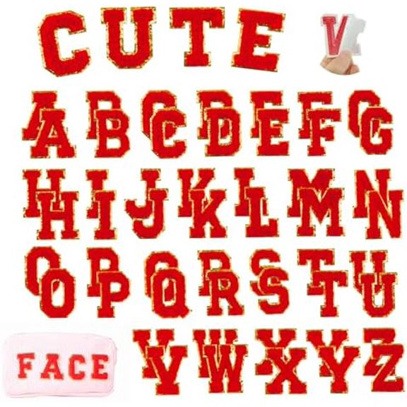 Chenille Letter Patches Self-Adhesive 52 Pcs A to Z, Fluffy Varsity Alphabet Patches for Clothes, Jackets, Hats, Backpacks, DIY Crafts [Red]