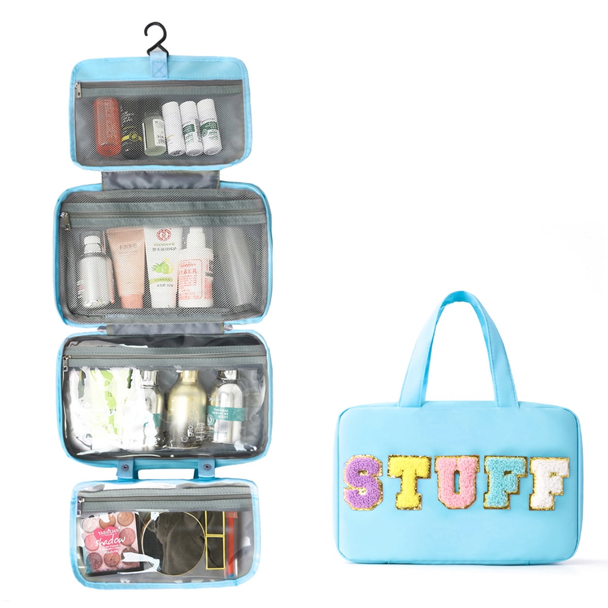 Chenille Letter Stuff Spacious Travel Toiletry Bag Essentials with Hanging Hook for women, Portable Hanging Organizer for Travel-Sized Shampoo , Waterproof for Travel makeup Accessories Gift
