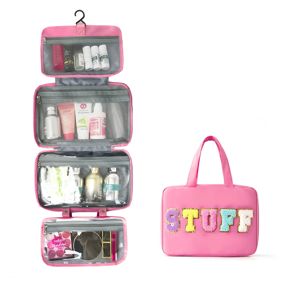 Chenille Letter Stuff Spacious Travel Toiletry Bag Essentials with Hanging Hook for women, Portable Hanging Organizer for Travel-Sized Shampoo , Waterproof for Travel makeup Accessories Gift