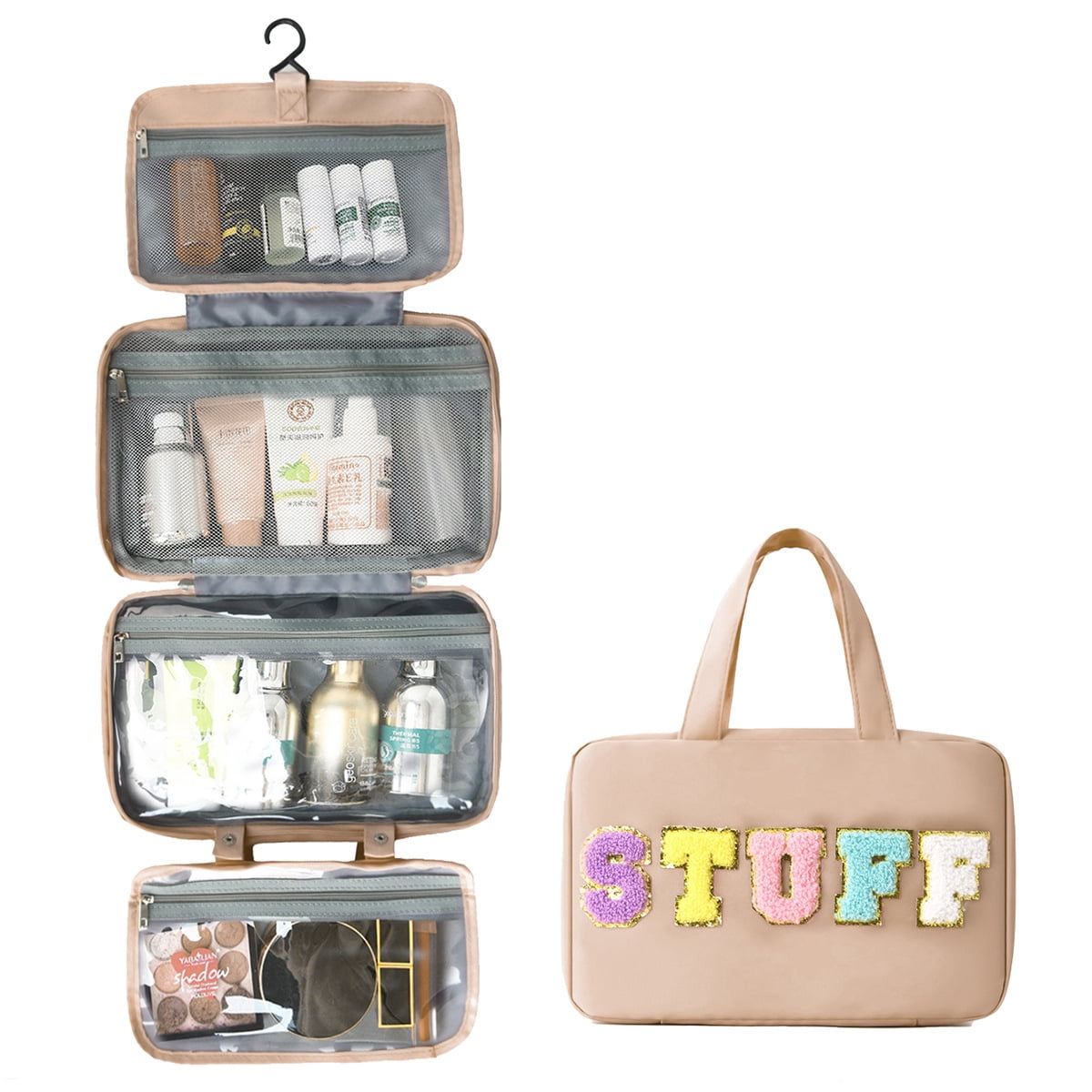 Chenille Letter Stuff Spacious Travel Toiletry Bag Essentials with Hanging Hook for women, Portable Hanging Organizer for Travel-Sized Shampoo , Waterproof for Travel makeup Accessories Gift