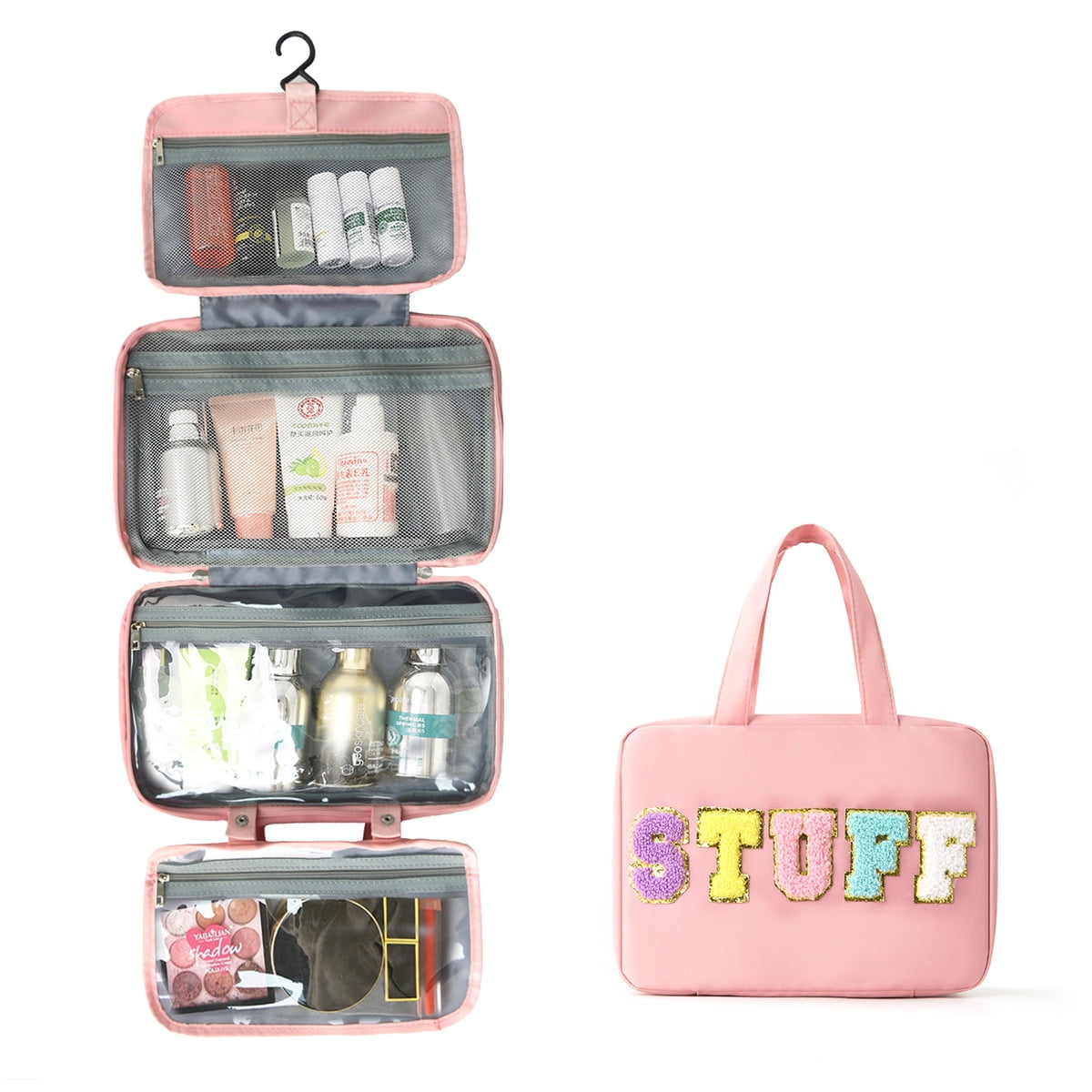 Chenille Letter Stuff Spacious Travel Toiletry Bag Essentials with Hanging Hook for women, Portable Hanging Organizer for Travel-Sized Shampoo , Waterproof for Travel makeup Accessories Gift