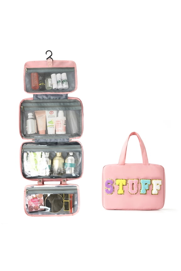 Chenille Letter Stuff Spacious Travel Toiletry Bag Essentials with Hanging Hook for women, Portable Hanging Organizer for Travel-Sized Shampoo , Waterproof for Travel makeup Accessories Gift