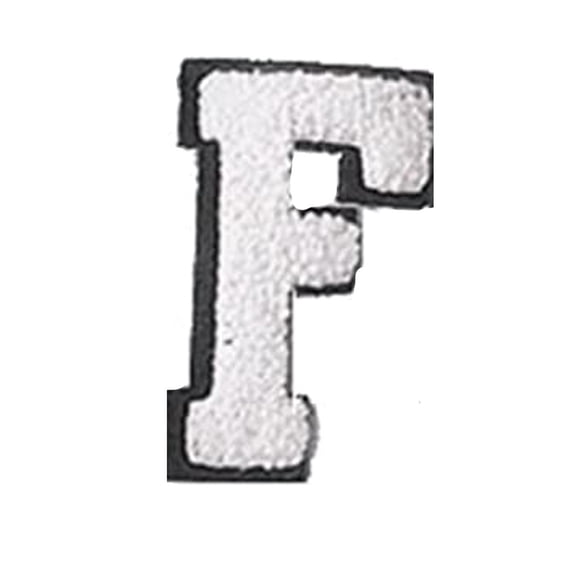 Chenille Letter, White Iron on Letters, 2.8 in F, Adhesive Backing, Apparel Repair, Denim Customization, Black Border, 1 Pc