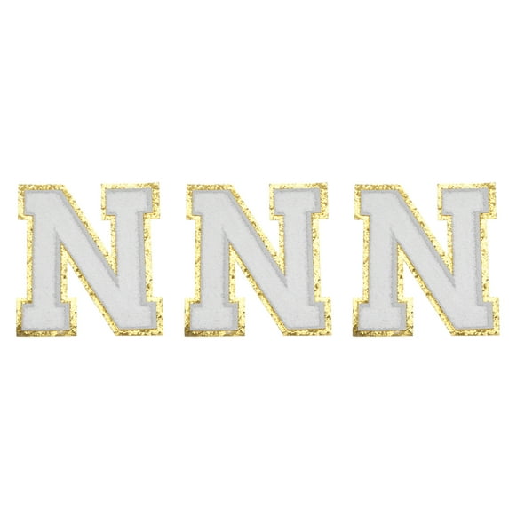 Chenille Letters N Patches 4-1/2 Inch Iron on Letters N Patches Golden Glitter for Clothing, Pack of 3(White)