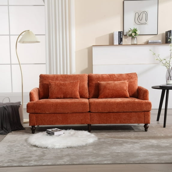 Chenille Loveseat with Armrest & Cushion, 2-Seat Loveseat Sofa with Wooden Legs, Small Couch for Nursery, Living Room, Bedroom, Office & Studio, Dark Orange