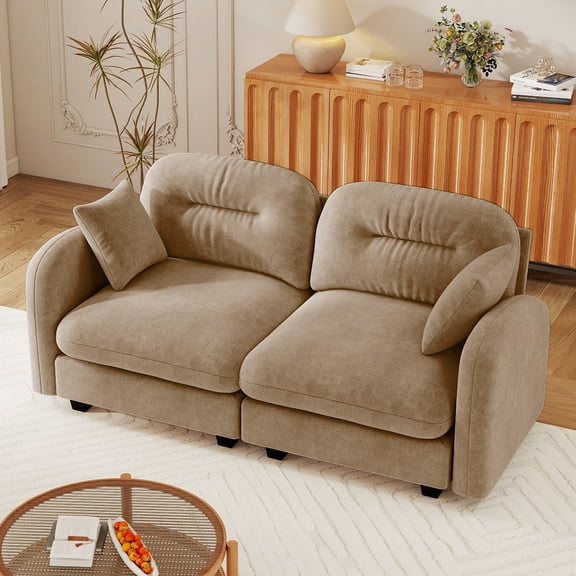 Chenille Loveseat Cloud Sectional Couches,Tufted Cushion Backrest Design,Armrests High Quality Wooden Base,Camel