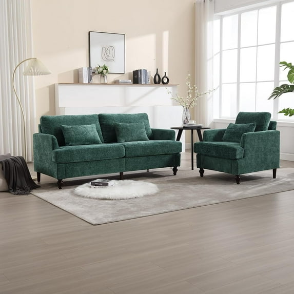 Chenille Loveseat Sofa and Chair Set, Upholstered Sofa Couch with Soft Pillows, Mid Century Modern Accent Chair with Gourd-Shaped Wood Legs for Living Room, Bedroom, Apartment, Emerald