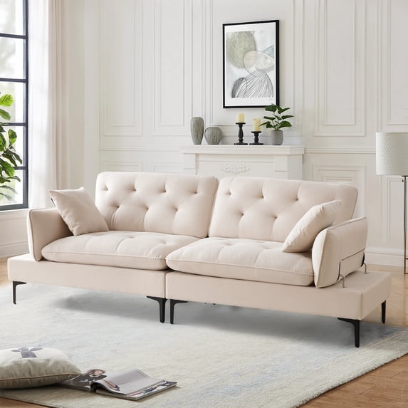Chenille Loveseat Sofa for Living Room, Oversized 2 Seater, Adjustable Pillow Armrest, Tufted Backrest, 2 Seat Cushion Modern Fabric Couches w/Iron Legs, Beige