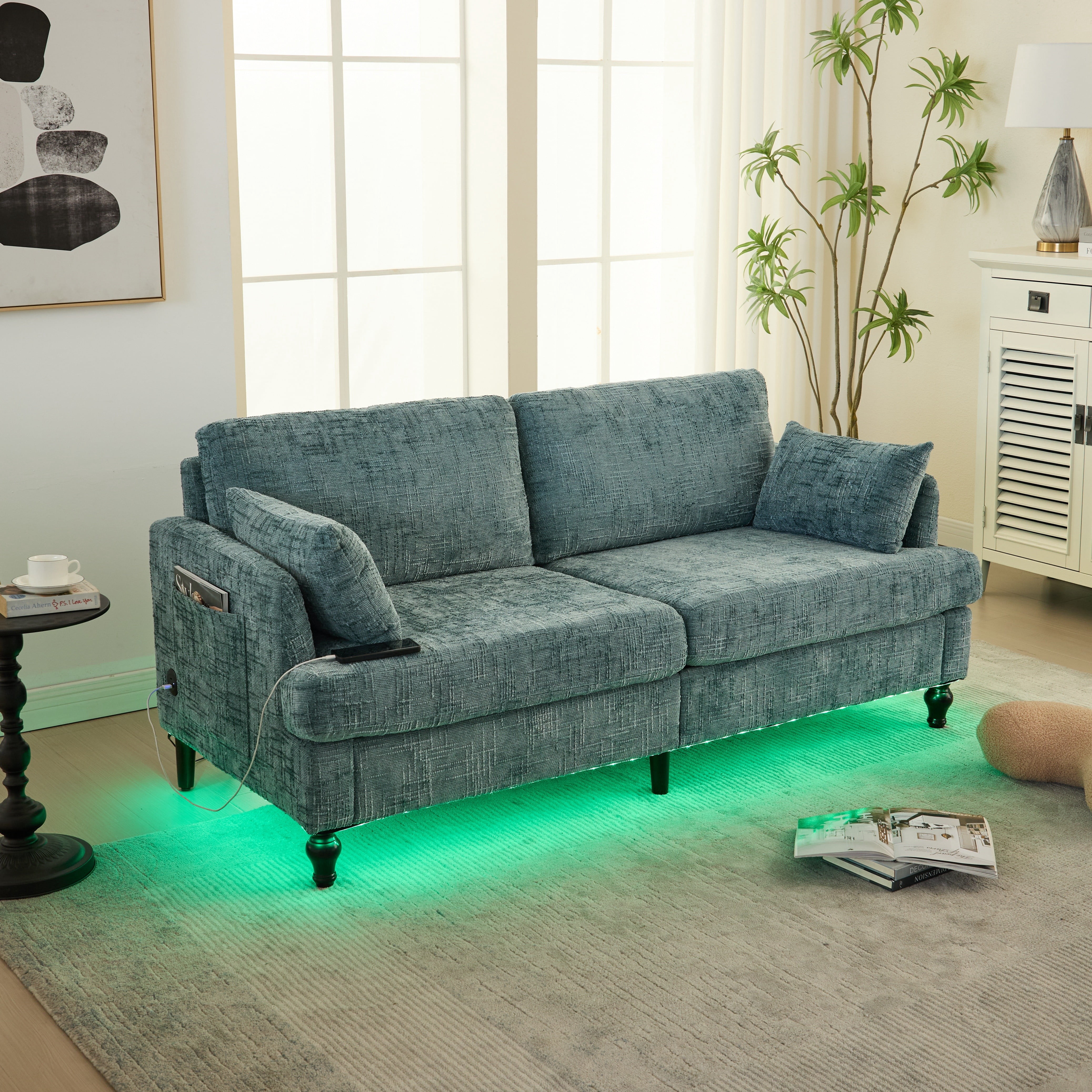 Chenille Loveseat sofa Couch with LED Ambient Light, 2-Seat Upholstered ...