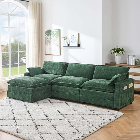 Chenille Modular Combo Sofa, Modern 3-Seater L-Shaped Sofa with Ottoman, 2 Cushions, Side Pockets, Oversized Faux Fur Upholstered Sofa for Living Room and Bedroom
