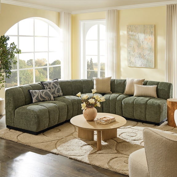 Chenille Modular Curved Sectional Sofa, 5PCS Free Combination Upholstered Corner Couch with Solid Wood Base, Large Shaped Sectional for Living Room, Green