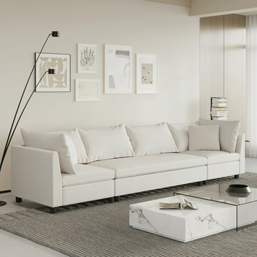 Chenille Modular Sectional Couch, Modern 4 Seater Comfy Deep Seat Cloud Sofa with 2 Pillows for Living Room Bedroom Office Apartment, 116”W, Cream