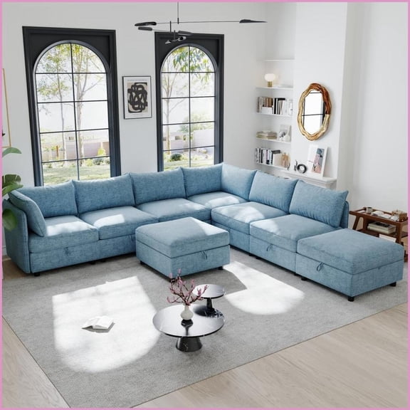 Chenille Modular Sectional Sleeper Sofa with Storage - Armless Design for Living Room | Antique Blue