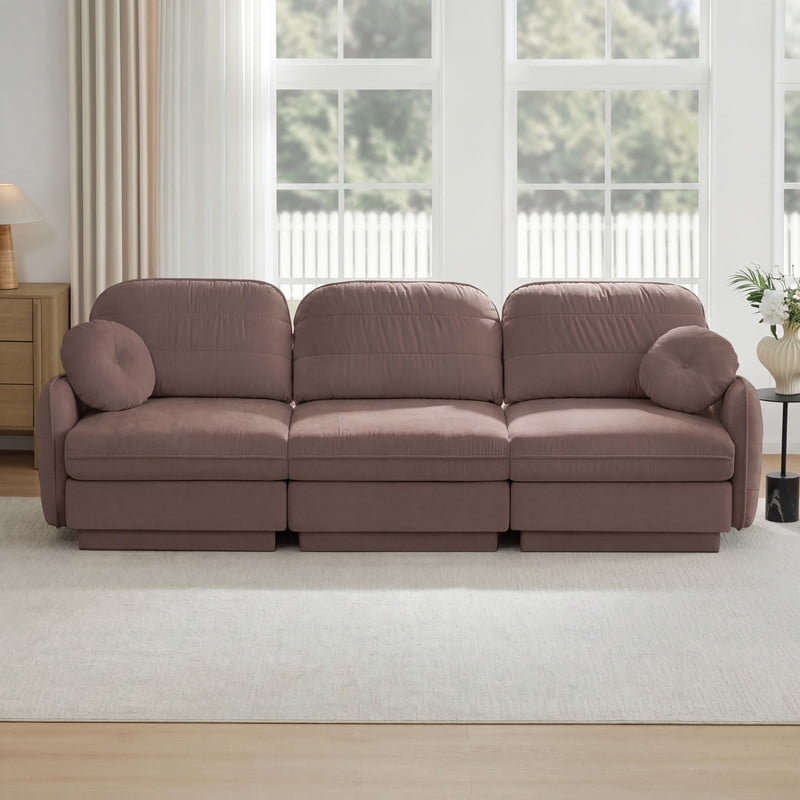 Chenille Modular Sofa, 3-Seater Deep Seat Cloud Couch, Upholstered Sofa with Round Pillows, Quilted Back Cushions & Recessed Base, Modern Sofa for Living Room, Apartment,Rose Dust