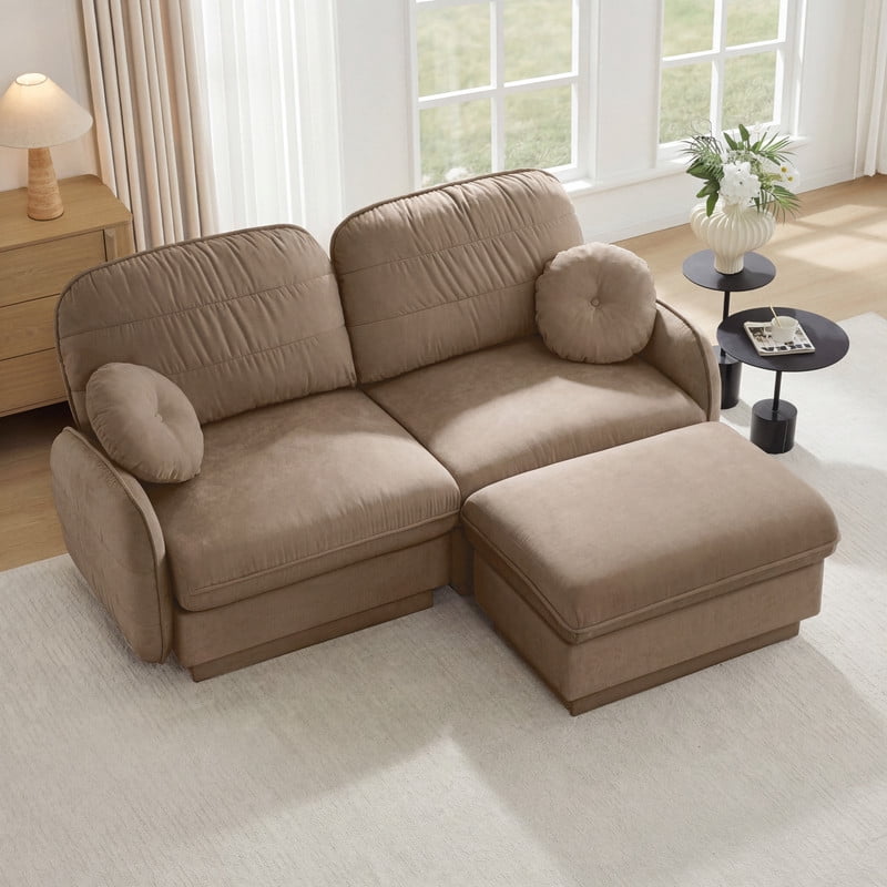 Chenille Modular Sofa with Ottoman, 2-Seater Deep Seat Cloud Couch, Convertible Sectional Sofa with Quilted Cushions & Round Pillows, Modern Sofa for Living Room, Apartment,Coffee
