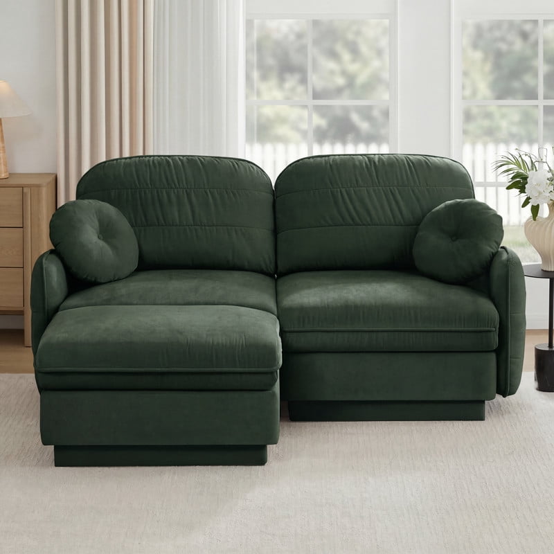 Chenille Modular Sofa with Ottoman, 2-Seater Deep Seat Cloud Couch, Convertible Sectional Sofa with Quilted Cushions & Round Pillows, Modern Sofa for Living Room, Apartment,Green