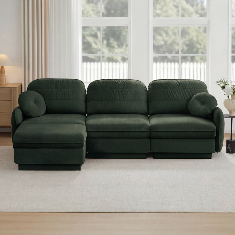 Chenille Modular Sofa with Ottoman, 3-Seater Deep Seat Cloud Couch, Convertible Sectional Sofa with Quilted Cushions & Round Pillows, Modern Sofa for Living Room, Apartment,Green