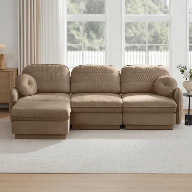 Chenille Modular Sofa with Ottoman, 3-Seater Deep Seat Cloud Couch, Convertible Sectional Sofa with Quilted Cushions & Round Pillows, Modern Sofa for Living Room, Apartment,Coffee