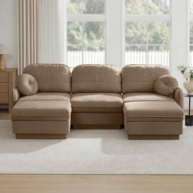 Chenille Modular Sofa with Ottomans, 3-Seater Deep Seat Cloud Couch, Convertible Sectional Sofa with Quilted Cushions & Round Pillows, Modern Sofa for Living Room, Apartment,Coffee