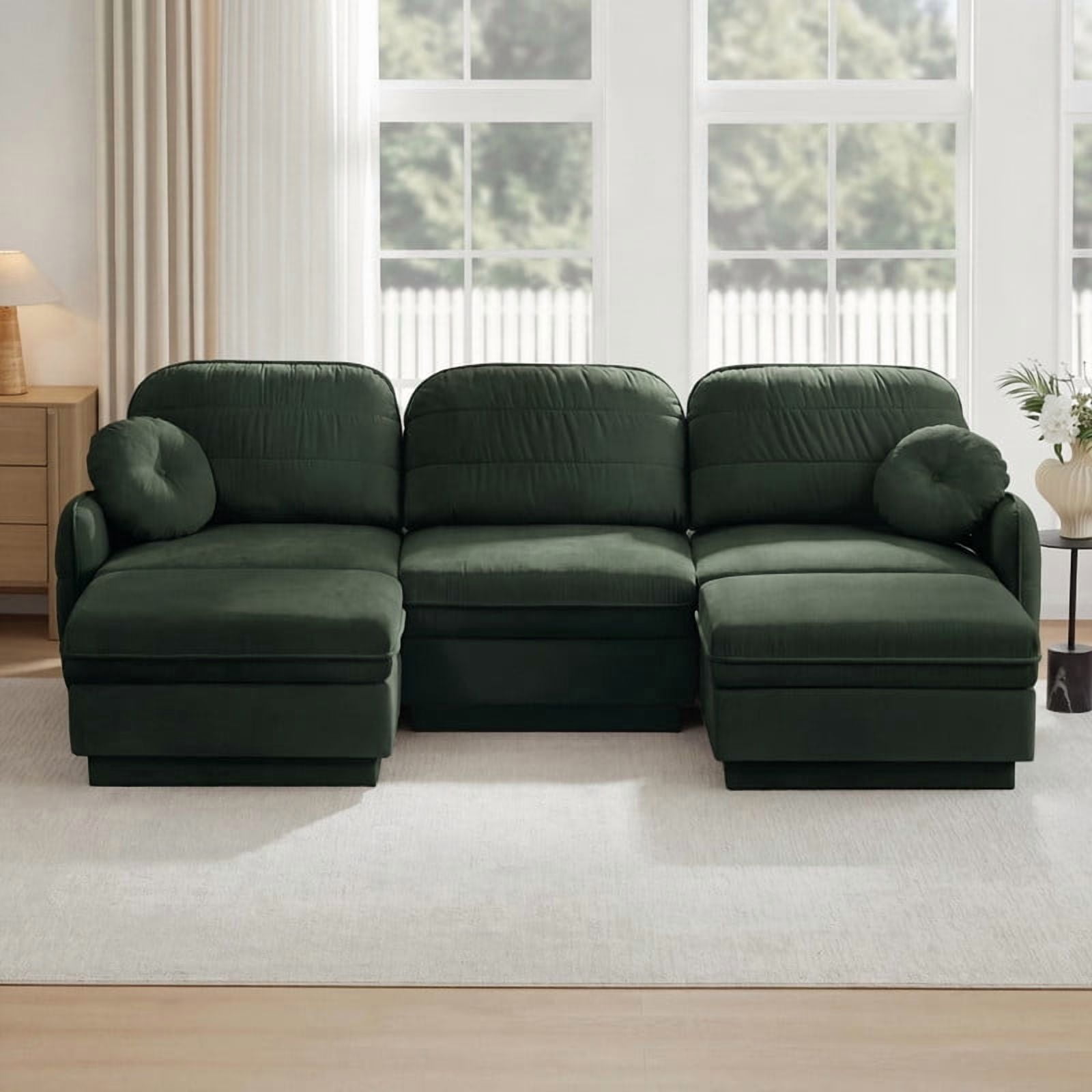 Chenille Modular Sofa with Ottomans, 3-Seater Deep Seat Cloud Couch, Convertible Sectional Sofa with Quilted Cushions & Round Pillows, Modern Sofa for Living Room, Apartment,Green
