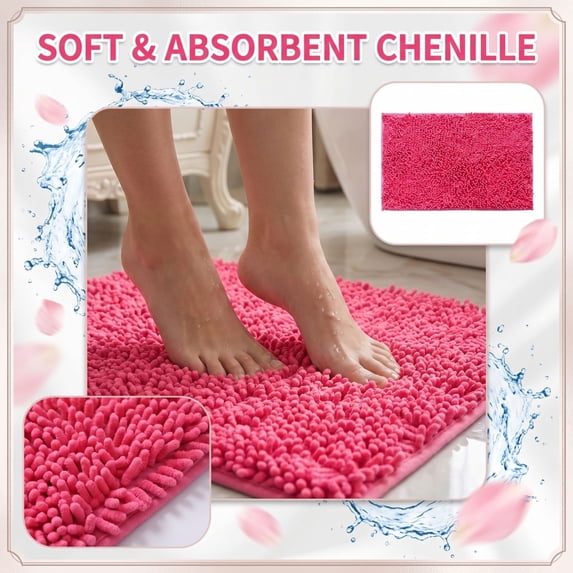 Chenille Non-Slip Bathroom Rug, 16x24 Inch Super Absorbent Soft Floor Mat, Cloud-Like Shaggy Mat for Tub Shower Entry Hot Pink