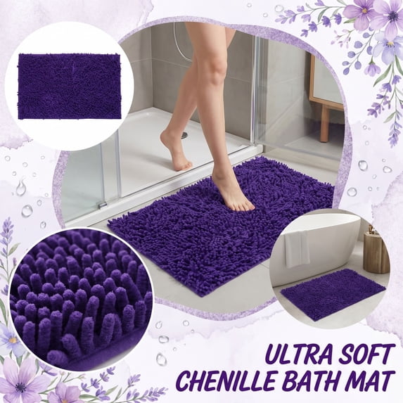 Chenille Non-Slip Bathroom Rug, 16x24 Inch Super Absorbent Soft Floor Mat, Cloud-Like Shaggy Mat for Tub Shower Entry Purple